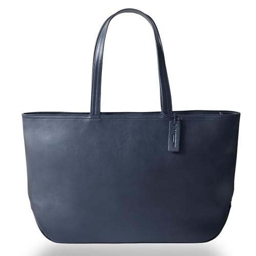 [G Genuine Leather] トートバッグ 防水 レザー 本革 A4サイズ ファスナー付き メンズ ビジネス 通勤 プレゼント （ダークネイビー,L）