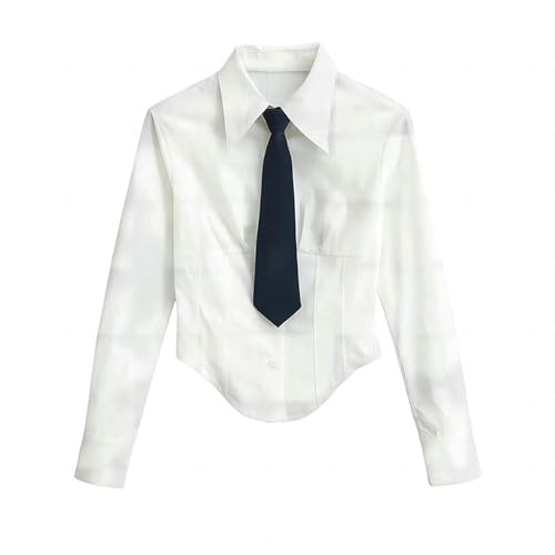 Damen College Style Vielseitiger Langarm Revers Einreihiger Button-Down mit Krawatte und schickem Hemd - Weiß - S