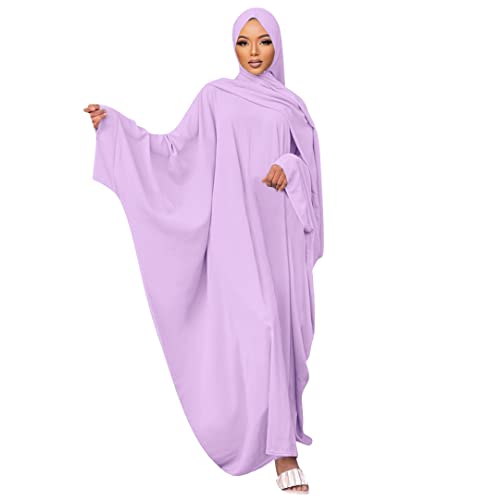 Muslim Dress for Women Pakistani Kaftan Abaya Robe + Hijab Arabic Islamic Prayer Clothes Dubai Outfits Light Purple Set