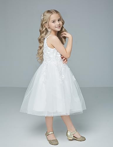 Spaghetti Straps Knee Length Lace Flower Girl First Communion Dress (White-1,6) #TOP4
