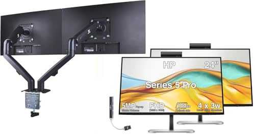 Image of HP Series 5 Pro 24 inch FHD USB-C Conferencing Monitor, 5MP Pop-up Webcam, 4x3W Speakers, VESA Mount (100mm), Displayport, HDMI, Black /Silver 2 Pack w /DKZ Hub & ErgoFlexy Dual Mount Arms