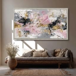 Décoration technique mixte rose et gris sur tableau sur toile texturé