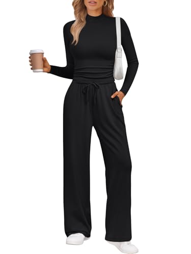Trendy Queen Womens 2 Piece Matching Lounge Set Mock Turtleneck Top Wide Leg Pants Casual Sweatsuit with Pockets