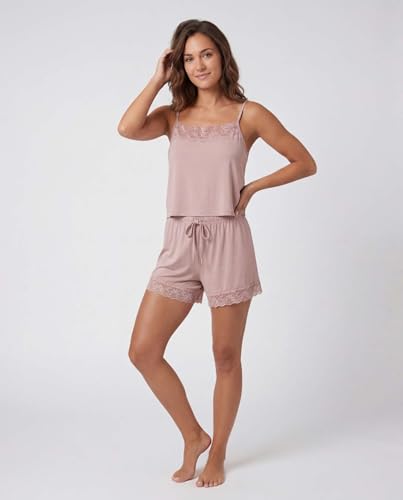 Image of Real Essentials 2 Pack: Women's Lace Trim Cami and Short Set Cute Pajama PJ Sleepwear Nightwear Pajamas Sleep Soft Drawstring