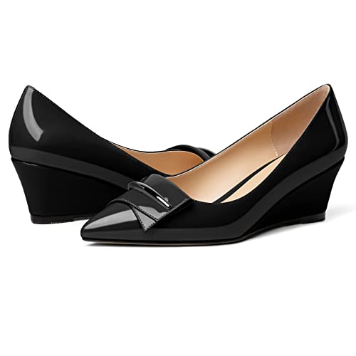 Eldof Low Wedge Heels for Women Pointed Toe Slip On Wedge Pumps with Bow 2 Inches Dress Shoes for Party Wedding Evening4