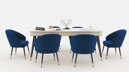 Image of WOODEN SPACE 6-Seater Wooden Dining Table Set | Nano Composite Marble Top | Solid Wood Base | Modern Dining Room Furniture with 6 Chairs (Navy Blue)