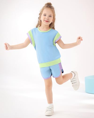 Image of SANMIO Toddler Girl Clothes Summer Toddler Girls Color Block Short Sleeve Shorts Sweatsuit Outfits 2 Piece Clothing Set