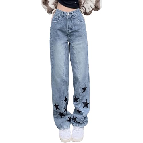 Women's High Waisted Wide Leg Jeans Star Embroidery Y2k Denim Pants Vintage Trendy Boyfriend Jeans for Teen Girls