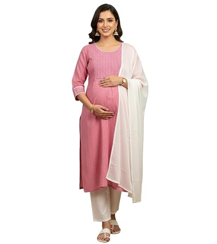 Image of DUMMY SHAPE Feeding Kurta Set for Women Cotton Blend | Floral Embroidered Pregnancy Kurta Pant Dupatta with Nursing Zippers | Pre & Post Partum | Maternity Dresses | Mom to Be Gifts