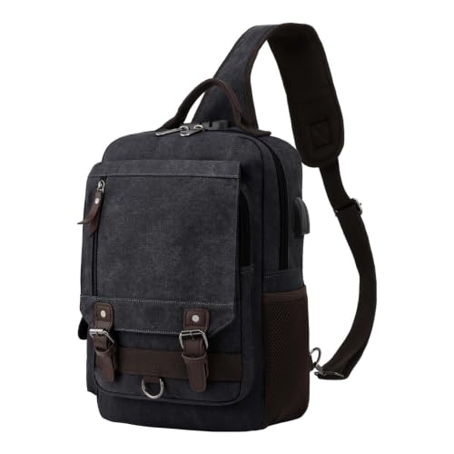 Leaper Retro Canvas Crossbody Bag — 12-Pocket Messenger Sling with USB Charging Port | Fits 14' Laptop | Men's & Women's | Anti-Theft Lock | Commute, Travel, Daily Use,Black, XL