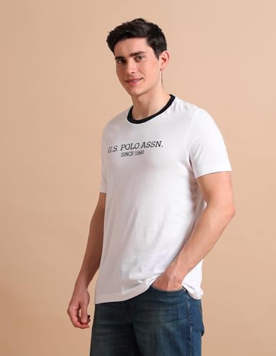 Image of U.S. POLO ASSN. Brand Printed Cotton T-Shirts for Men - Half Sleeves Mens Casual T Shirts - M, White