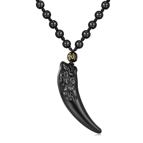 Dr's gift Wolf Tooth Necklace Black Obsidian Necklace Amulet Protection Pendant Adjustable Rope Lucky Talisman Necklaces for Men/Women