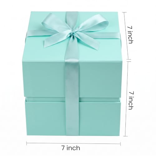 Image of LIFELUM Green Blue Gift Box for Presents 7 x 7 x 7 inch, 1 Pack Magnetic Gift Box with Lid, Ribbon, Greeting Card, Shredded Paper Filler for Birthday, Wedding, Party, Bridal Gifts