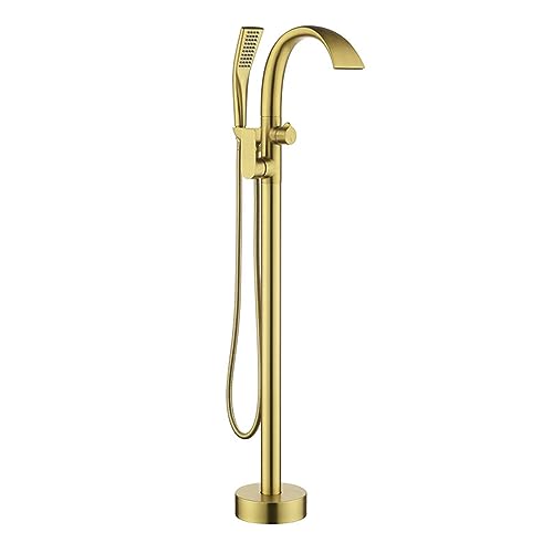 Freistehende Badewanne Armatur Wasserfall, Flacher Auslauf 360° Standarmatur Freistehende Badewanne Mit 59'' Brauseschlauch, Gebürstetes Gold