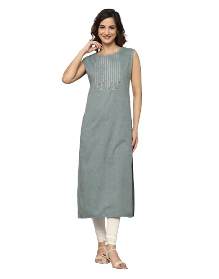 Image of Solid Sleeveless Kurta with Thread & Button Work