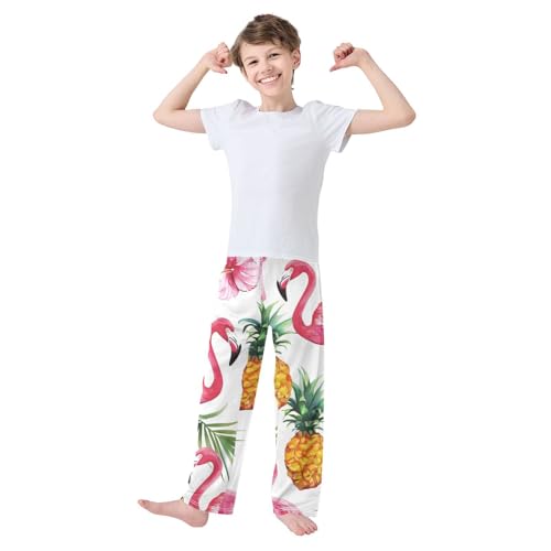 Flamingo Tropical Flowers Boys Long Pants Soft Trousers Elastic Waist Kids Lounge Bottoms with Pockets S-XL2