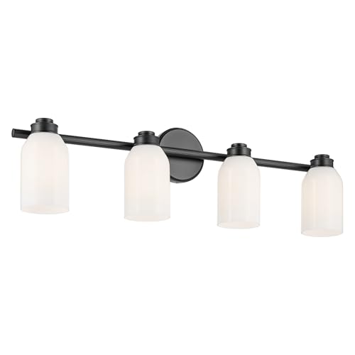 Image of Kichler Shae 4-Light Bathroom Vanity Light, Black | White opal glass vanity light for modern bathroom mirrors (32.25 inch x 9 inch), 55203BK