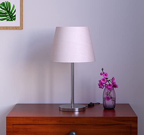Image of Divine Trends Bedside Table Lamp Modern Sleek Silver 19 Inches Height with Off White Lampshade for Bedroom, Living Room (Pack of 1) - Led Bulb Included (Satin Nickel with Tapered Shade)