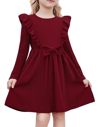 Arshiner Toddler Girl Dress Ruffle Ribbed Knit Long Sleeve A-Line Swing Fall Winter Bowknot Casual Dress with Pockets