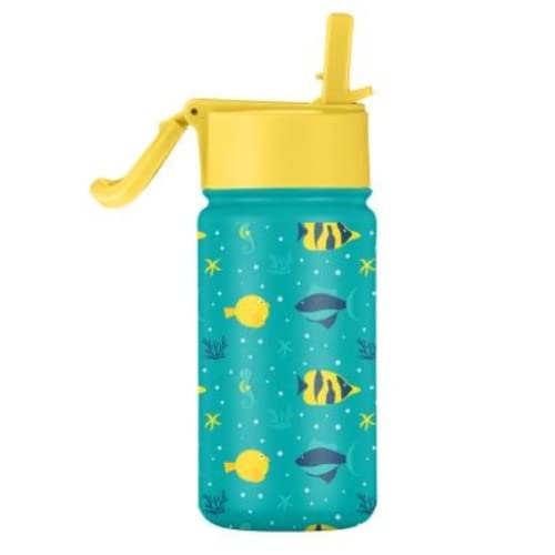 SOLARA Metal Water Bottle for Kids, 14oz Double Wall Vacuum Insulated Stainless Steel Kids Water Bottles with Straw, Sipper Bottle for Kids, Keeps Cool for 24hrs and Warm for 12hrs -Fish