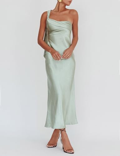 Image of 2026 Satin One Shoulder Maxi Dress for Women Summer Silk Formal Elegant Backless Ruffle Sleeveless Wedding Guest Dresses
