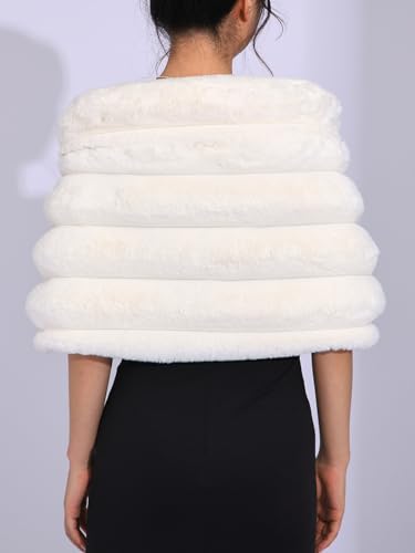 Aukmla Women Wedding Faux Fur Shawl White Bridal Fur Stoles Wrap with Rhinestones Brooch for Bride and Bridesmaids3
