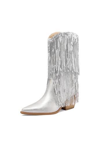 Mi.iM Women's Rhinestone Cowboy Boots Knee High Wide Calf Cowgirl Boots Western Pointed Toe Chunky Heel Sparkly Cowgirl Booties Pull On Cowboy Boots for Women