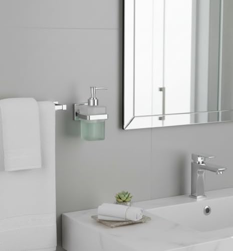 Image of Premium Wall Mounted Liquid Soap Dispenser - 304 Stainless Steel Holder with Frosted Glass Bottle | Rust-Proof Hand Wash Pump for Bathroom, Kitchen, & Wash Basin (Square 27N)