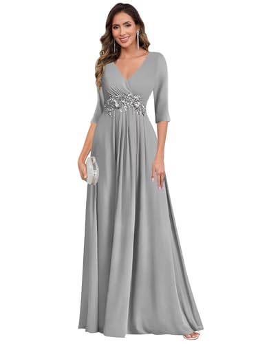 VGZ V Neck Mother of The Bride Dresses for Women Chiffon Long A Line Formal Evening Dress with Sleeves