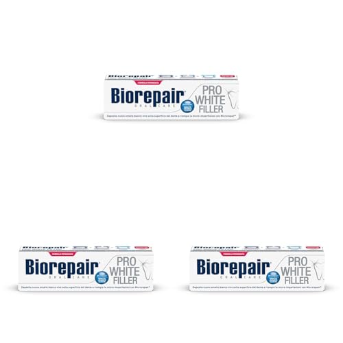 Biorepair, Dentifricio PROWHITE FILLER, Smalto Più Bianco e Liscio, Riempe le Micro-Imperfezioni Con Più MicroRepair, Formula Potenziata, Tecnologia Sbiancante PVP, Senza Fluoro e Parabeni, 75ml