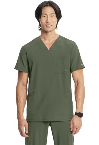 Cherokee Infinity Mens V-Neck Scrub Top Modern Fit, 3 Pockets, Rib-Knit Back Panels, Moisture-Wicking 360° Stretch - CK900A, XL, Olive
