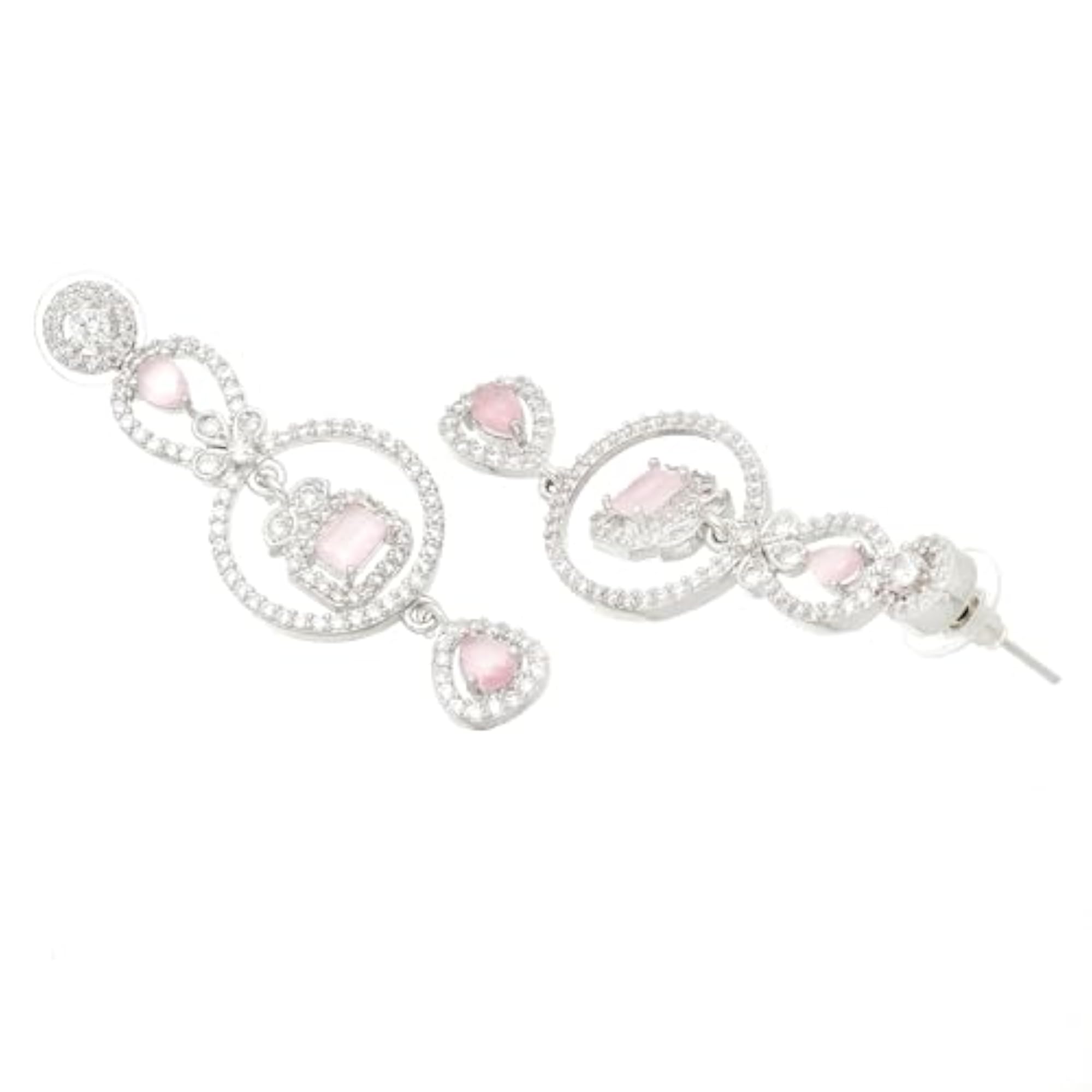 Rhodium-Plated Circular Drop Earrings with American Diamond