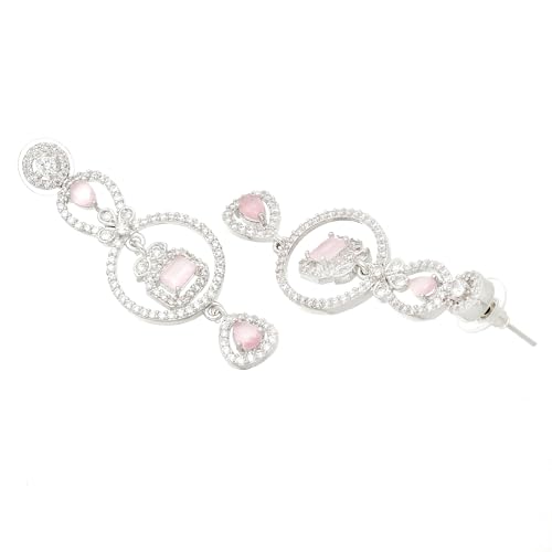 Rhodium-Plated Circular Drop Earrings with American Diamond