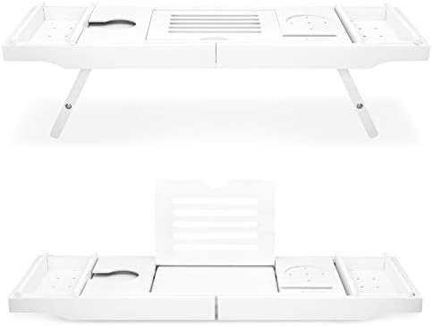 Navaris Bed and Bath Tray - Wooden Rack with Folding Legs - Bamboo Bathtub Caddy Bridge Shelf with Book or Tablet Stand - White
