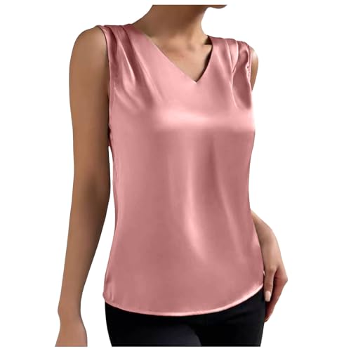 Women Summer V Neck Casual Soild Color Satin Sleeveless Basic Vest Shirt Fashionable Sleeveless Top Metallic Top