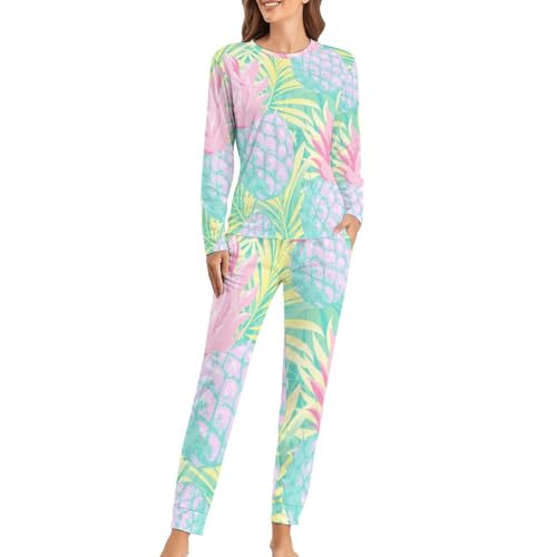 Ensemble de pyjama femme feuille d'ananas avec t-shirt manches longues et pantalon de nuit