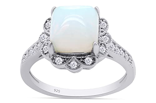 SAVEARTH DIAMONDS Cushion Cut 7MM Center Synthetic Opal Gemstone & Round Cut Sparkling Cubic Zirconia Halo Solitaire Engagement Ring In 14k Gold Over Sterling Silver Jewelry For Women