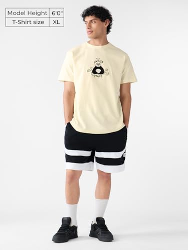 Image of The Souled Store Textured T-Shirt: Kung Fu Panda Peace Men and Boys Short Sleeves Round Neck Off White Embroidered Regular Fit Cotton T-Shirts