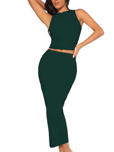 Image of Bdwinz Women's Casual 2 Piece Dress Round Neck Tank Top Bodycon Midi Skirt Dress Set