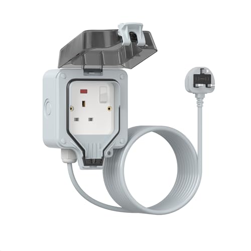 Outdoor Extension Lead Waterproof 5M/16ft External Power Electrical Cable Outside Switched Socket IP66 Weatherproof Plug Sockets for Garden 13A/3250W