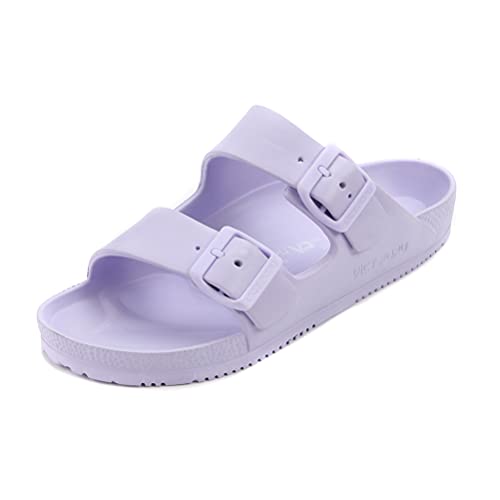 VICT POPU Womens Sandals Adjustable Double Buckle Strap Waterproof EVA Flat Slides 6 Light Purple