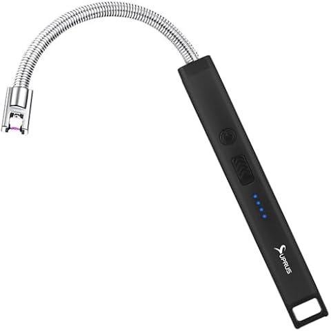 SUPRUS Rechargeable Candle Lighter Electric Arc Lighter Triple Safety Long Lighter Stainless Steel Shell & Hanging Hook (Black) Cover