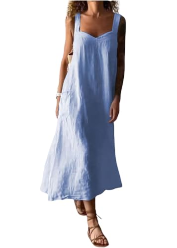 Image of chouyatou Women's Summer Spaghetti Strap Sleeveless Linen Overall Dress Casual A-Line Midi Long Beach Dress