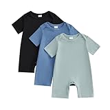 Amnnchya Baby Boys Girls Clothes Newborn 3-pack Romper Solid Short Sleeve One Piece Jumpsuit Infant Summer Spring Outfits (Black Blue Green, 6-9 Months)