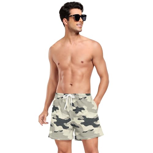 Clay Camouflage Mens Swimming Shorts Mens 2 Layer Workout Running Shorts with Pockets and Compression Liner Bathing Suit for Men Quick Dry