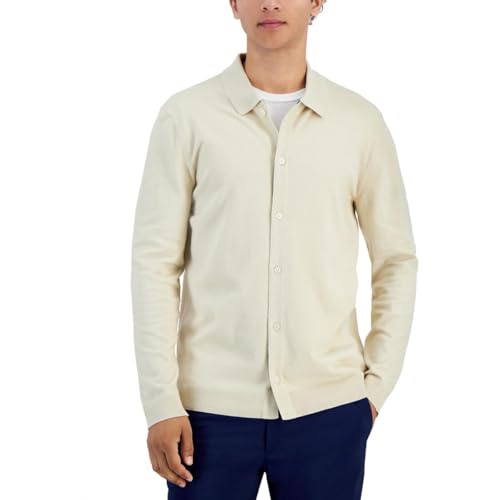 Alfani Mens Collar Cotton Cardigan Sweater Beige L