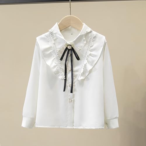 Girls Ruffle Button Down Shirt Pearl Decor Long Sleeve Lapel Collar Blouse with Bowknot School Uniform Tops for 3-13 Years2