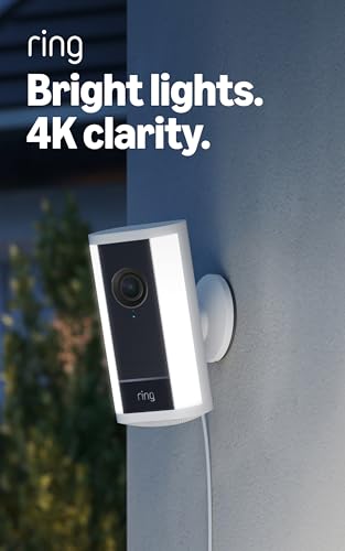 Image of Ring Spotlight Cam Pro, Plug-in (newest model), Home or business security, Retinal 4K with wide-angle video, 10x Enhanced Zoom, and 600 Lumen Spotlights, White