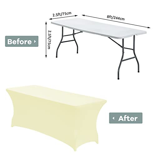 Image of CWK 8FT Waterproof Stretch Spandex Table Cover for Rectangular Tables - Elastic Fitted Tablecloth for Folding Tables,Wrinkle Resistant Table Cloth for Parties, Weddings, Banquets & Events (Beige)