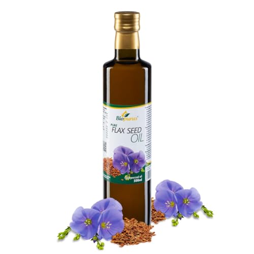 Biopurus Pure Premium Cold Pressed Flax Seed Oil 500ml Food Grade Linseed Oil Rich in Omega 3 Vegan Cold Use Cooking for Salads Smoothies & Healthy Nutrition